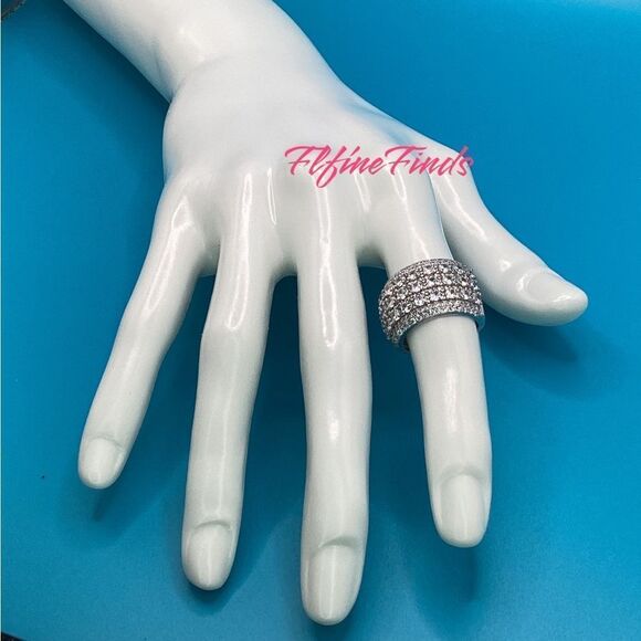 🧊💍Wide Luxurious Silver CZ Diamond 5-Row Sparkle Band Statement Cocktail Ring - Picture 10 of 17